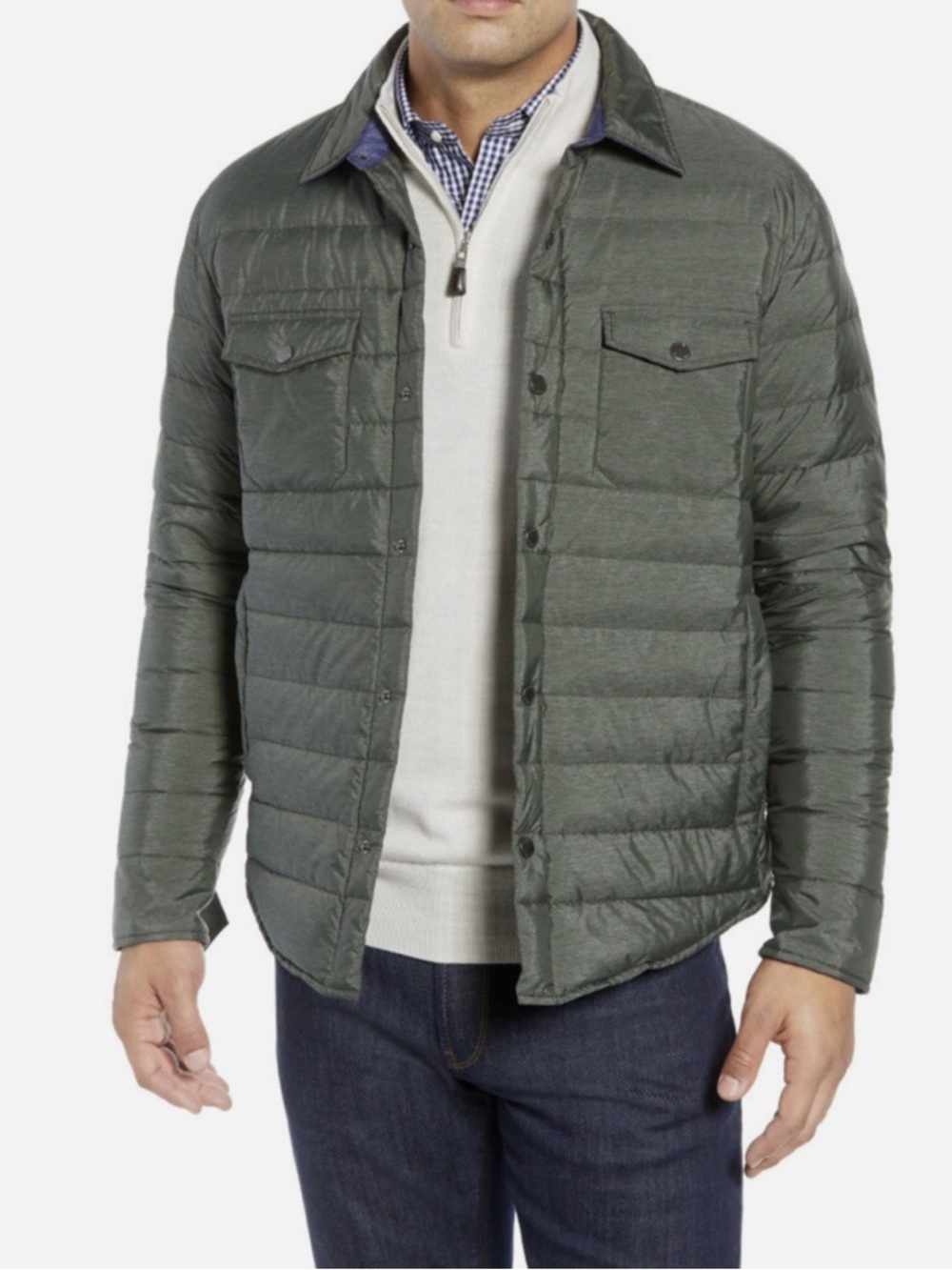 Peter Millar Crown Elite Light Down Shirt Jacket Gray Green XL Snap Front